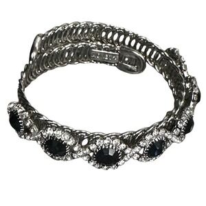 Vintage Monet Silver Tone Black Crystal Rhinestone Bypass Wrap Coil Bracelet